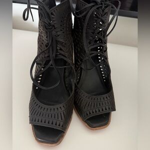 Jeffrey Campbell Black Laser-Cut Lace-Up Peep-Toe Heels- Rayos-Hi